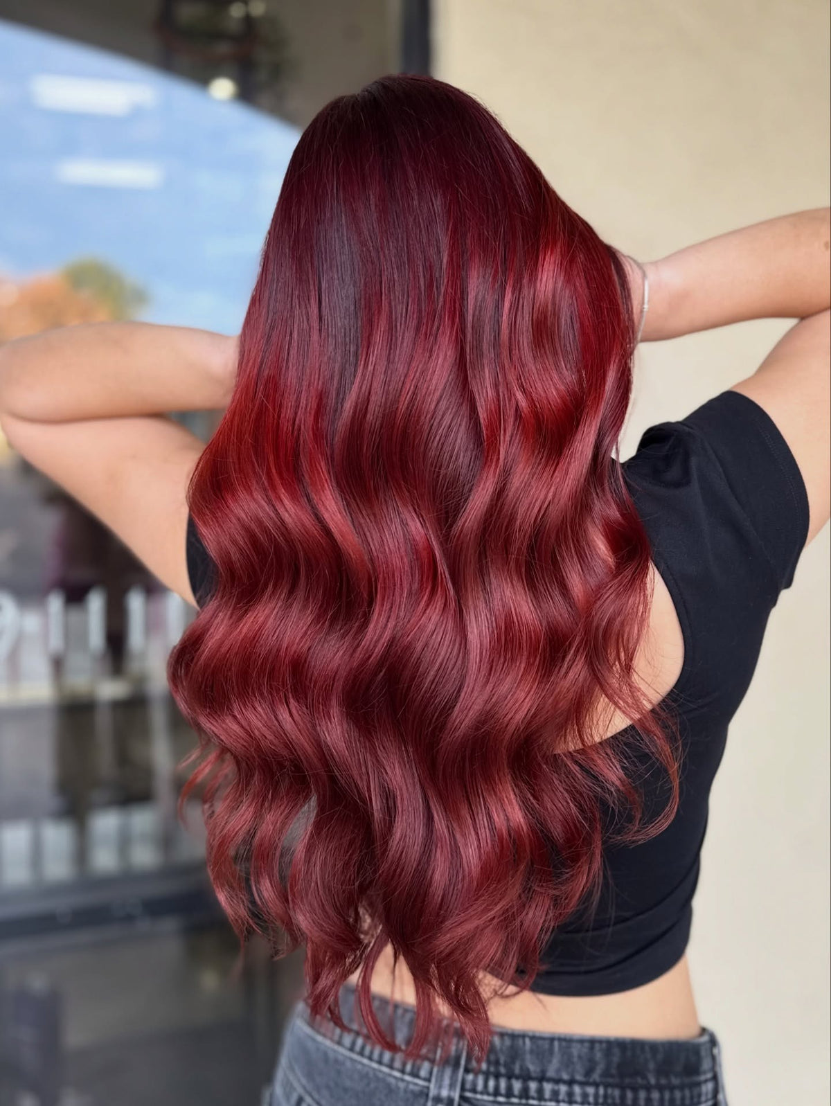Vivid red waves at Studio Eighteen Hair Lounge, Gilbert AZ